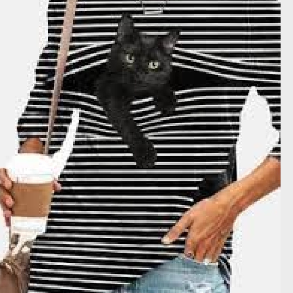 Black and White Stripe Black Cat Long Sleeve Shirt